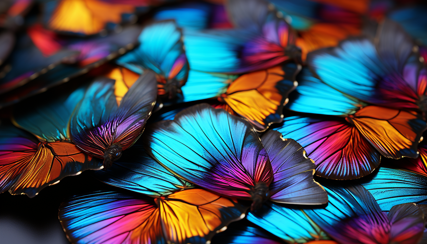 Macro view of butterfly wings, revealing intricate patterns and vivid hues.