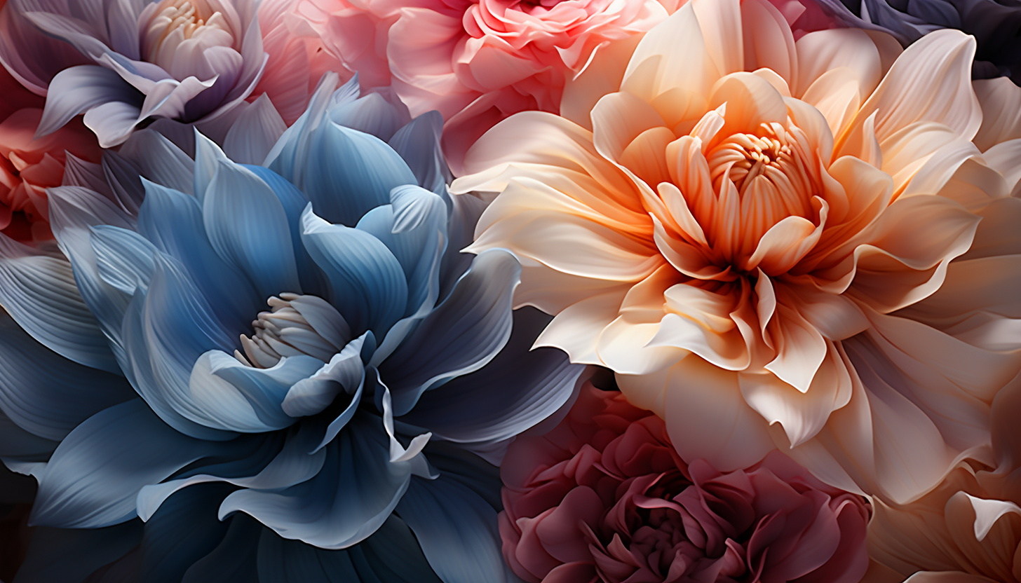 Macro view of colorful flower petals, revealing delicate textures and shades.