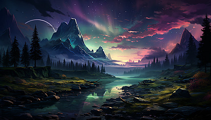 The Northern Lights dancing in the night sky, casting hues of green, pink, and purple.