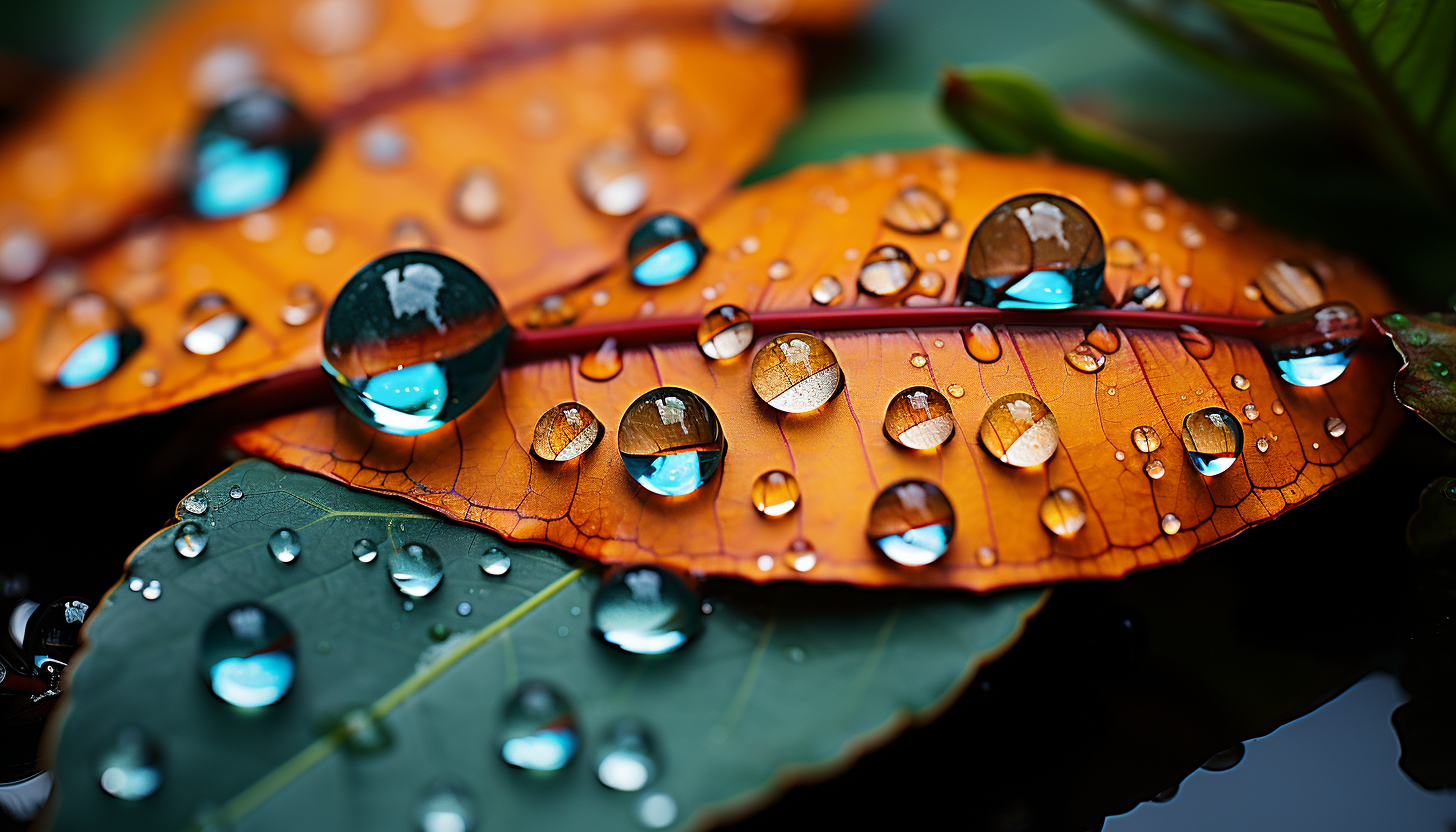 Close-up of dewdrops reflecting a kaleidoscope of colors on a leaf.