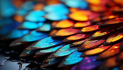 Macro shot of a butterfly wing, displaying its intricate scales and vivid colors.