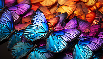 Macro shot of iridescent butterfly wings displaying a spectrum of colors.