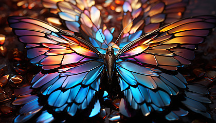 Close-up of iridescent butterfly wings displaying a spectrum of colors.