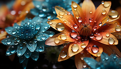 Close-up of dewdrops on a colorful flower petal, reflecting the world around them.