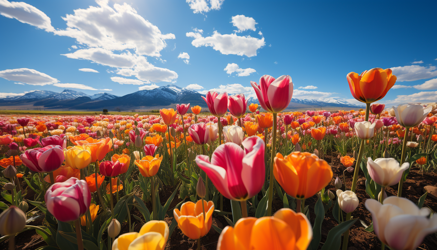 A field of multicolored tulips in full bloom, creating a sea of color.