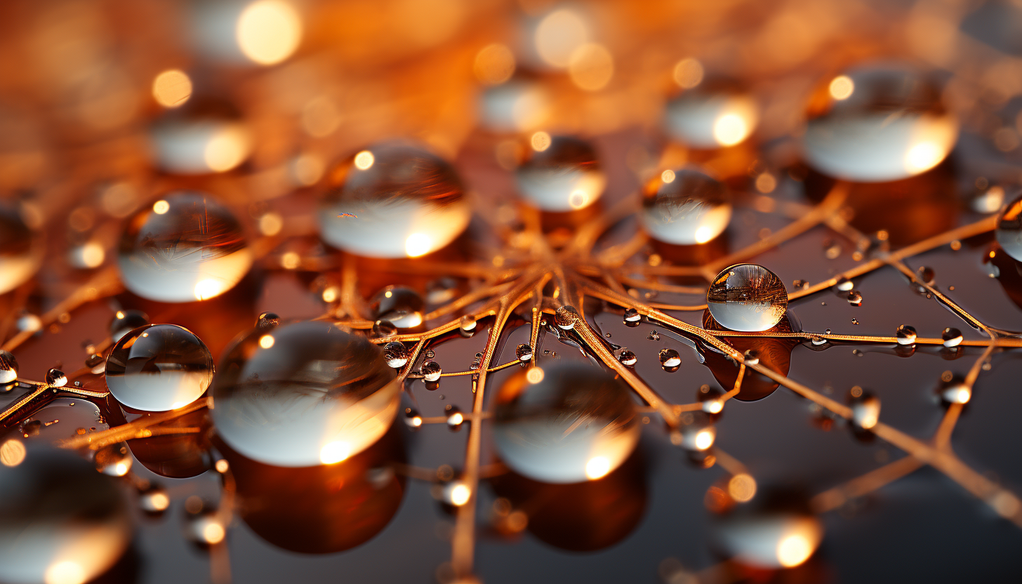 Macro shot of dewdrops on a spider's web, reflecting morning sunlight.