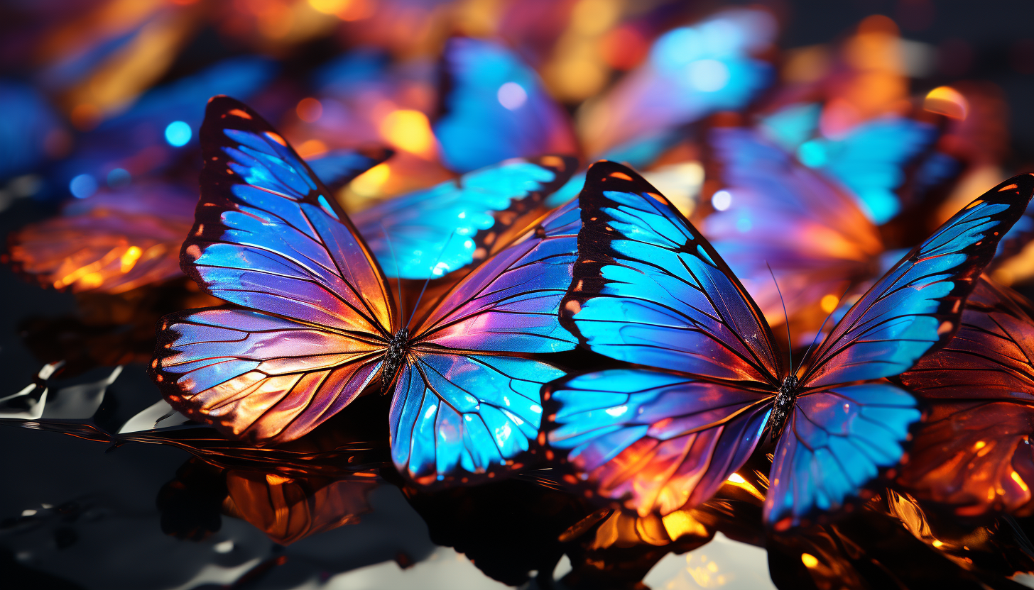 A close-up of iridescent butterfly wings displaying intricate patterns.