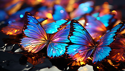 A close-up of iridescent butterfly wings displaying intricate patterns.