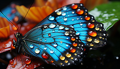 A close-up of dewdrops on a vividly colored butterfly's wing.