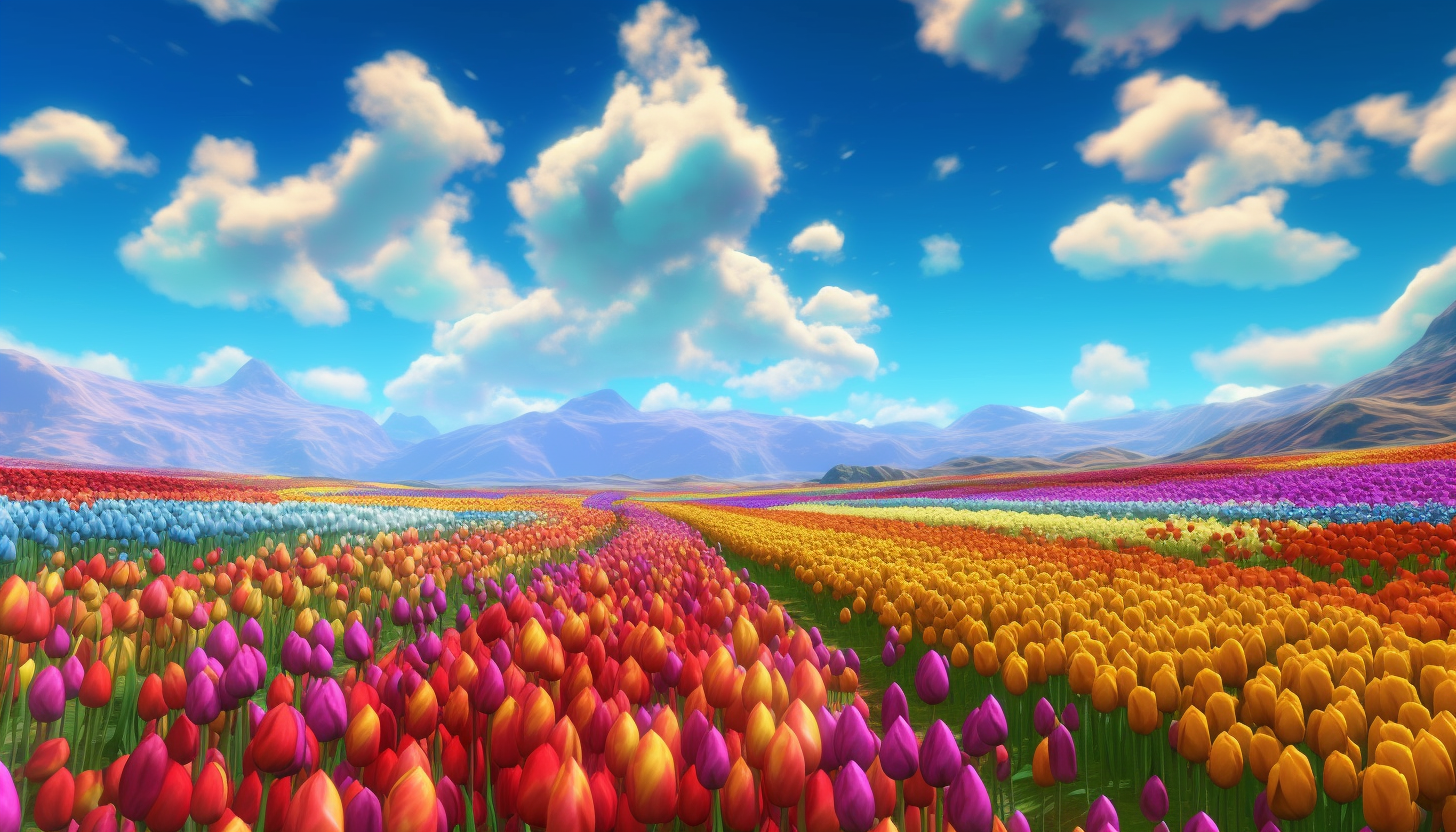 Brightly colored tulip fields under a clear sky.