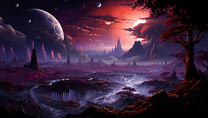 The surface of a distant planet, imagined in brilliant colors and textures.