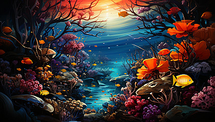 Colorful: A coral reef teeming with multicolored fish and bright sea anemones.