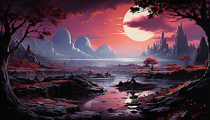 The surface of a distant planet, portrayed with imagined vivid colors and landscapes.