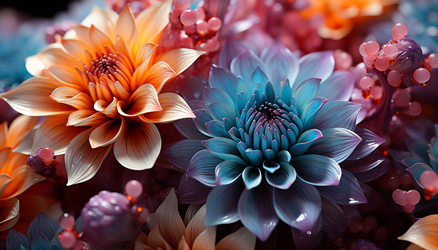 Extreme close-up of the inside of a blooming flower, focusing on the intricate structures and vibrant colors.