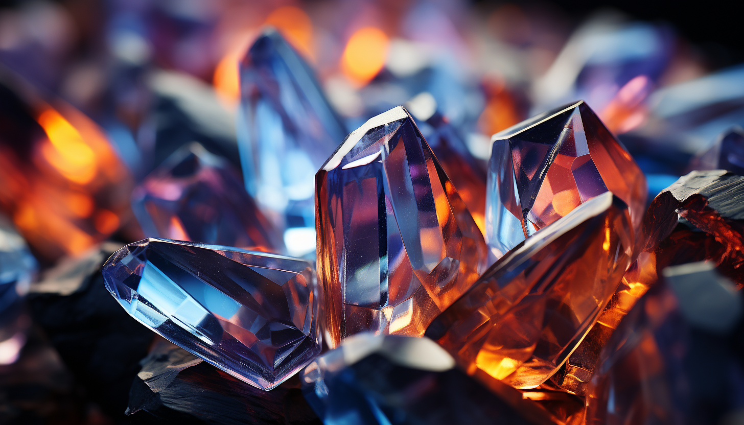 Macro shot of a crystal, showcasing its complex structure and reflective surfaces.