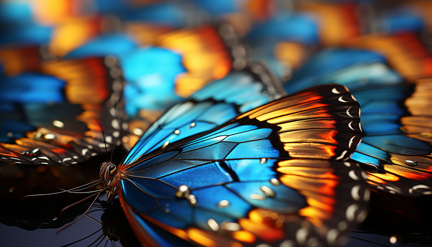 A macro shot of a butterfly wing revealing intricate patterns and colors.