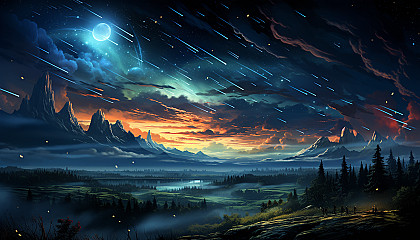 A vibrant meteor shower against the backdrop of a clear, dark night.