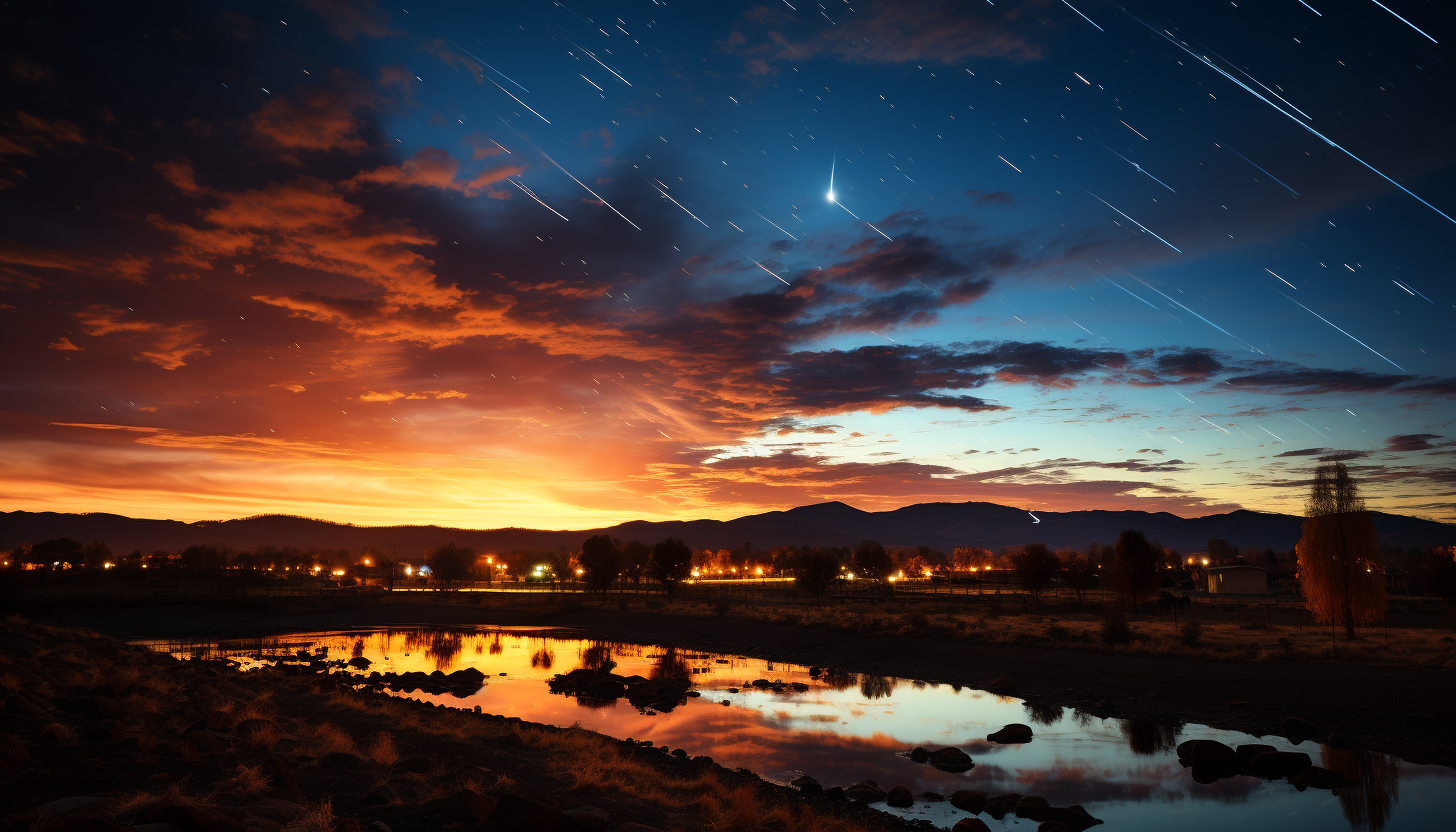 A colorful meteor shower streaking across the sky.