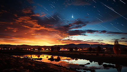 A colorful meteor shower streaking across the sky.