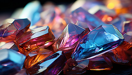 Macro image of a crystal, displaying its complex structure and rainbow reflections.
