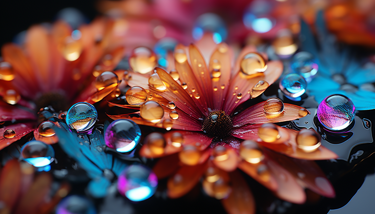 Extreme close-up of dewdrops on a colorful flower petal.