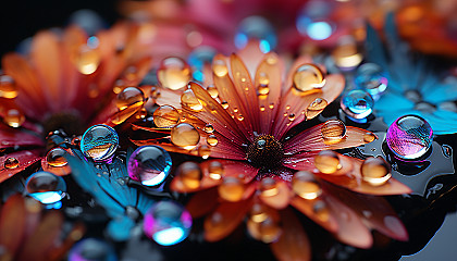 Extreme close-up of dewdrops on a colorful flower petal.