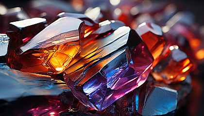 Macro imagery of a crystal with its complex structure and colorful refractions.