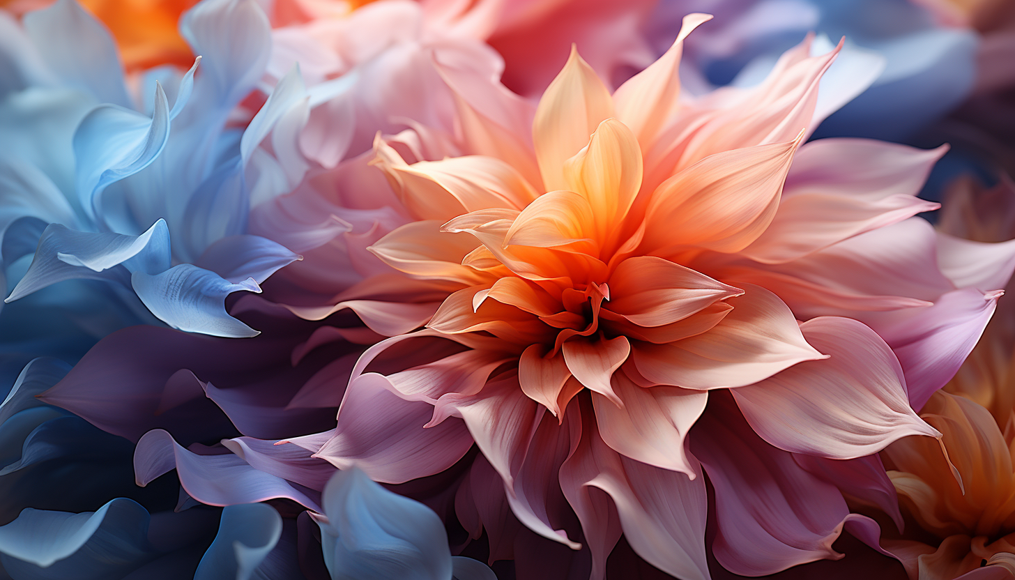 Macro view of colorful flower petals, revealing delicate textures and shades.