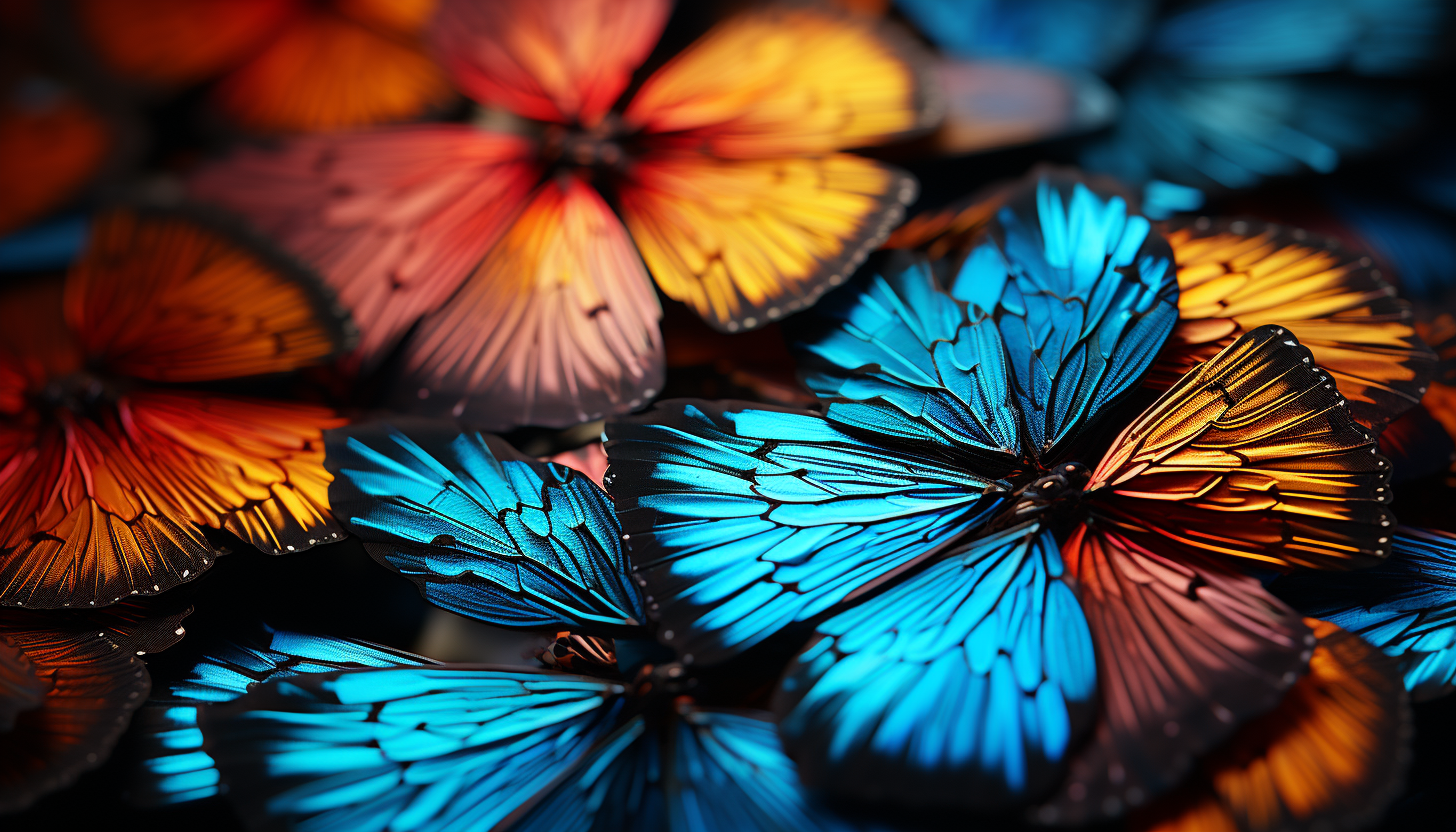 Macro view of butterfly wings, revealing intricate patterns and vivid hues.