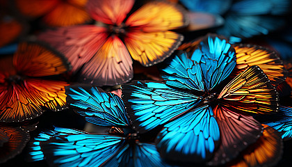 Macro view of butterfly wings, revealing intricate patterns and vivid hues.