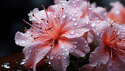 Macro shot of pollen-dusted stamen and petals of a blooming flower.