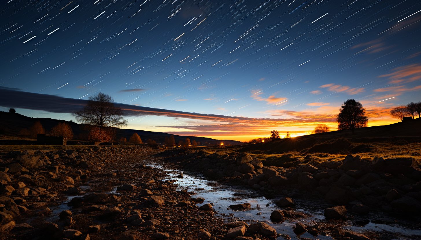 A long-exposure shot of stars forming trails across the night sky.