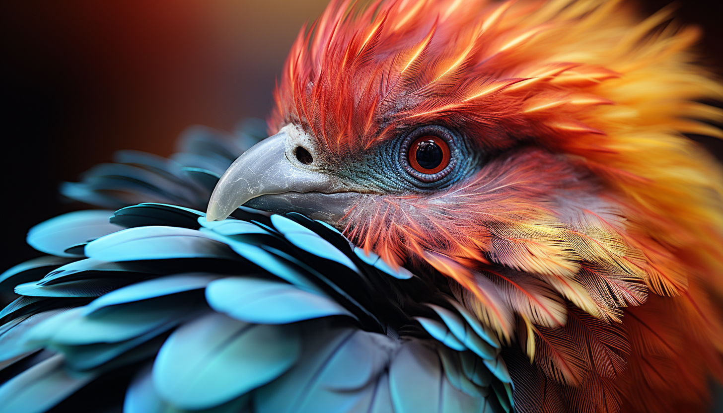 Close-up of colorful feathers on a bird, displaying their delicate structure.