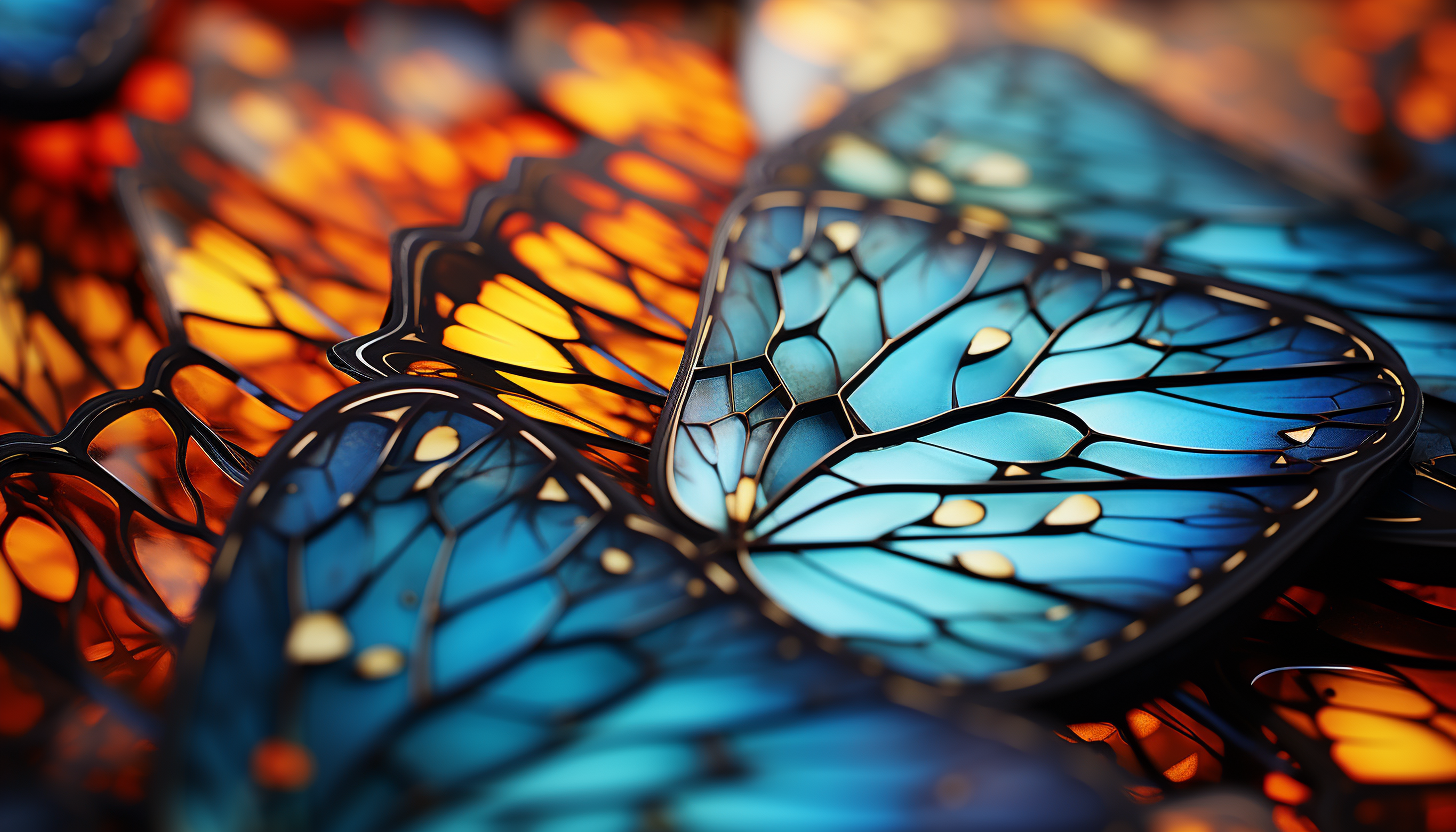 Macro shot of a butterfly wing, revealing intricate patterns and colors.