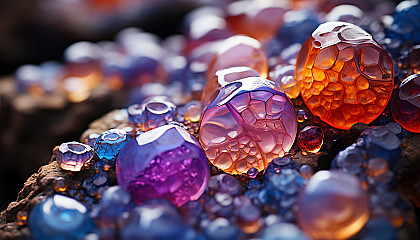 A macro view of crystalline structures in a geode, reflecting vibrant hues.