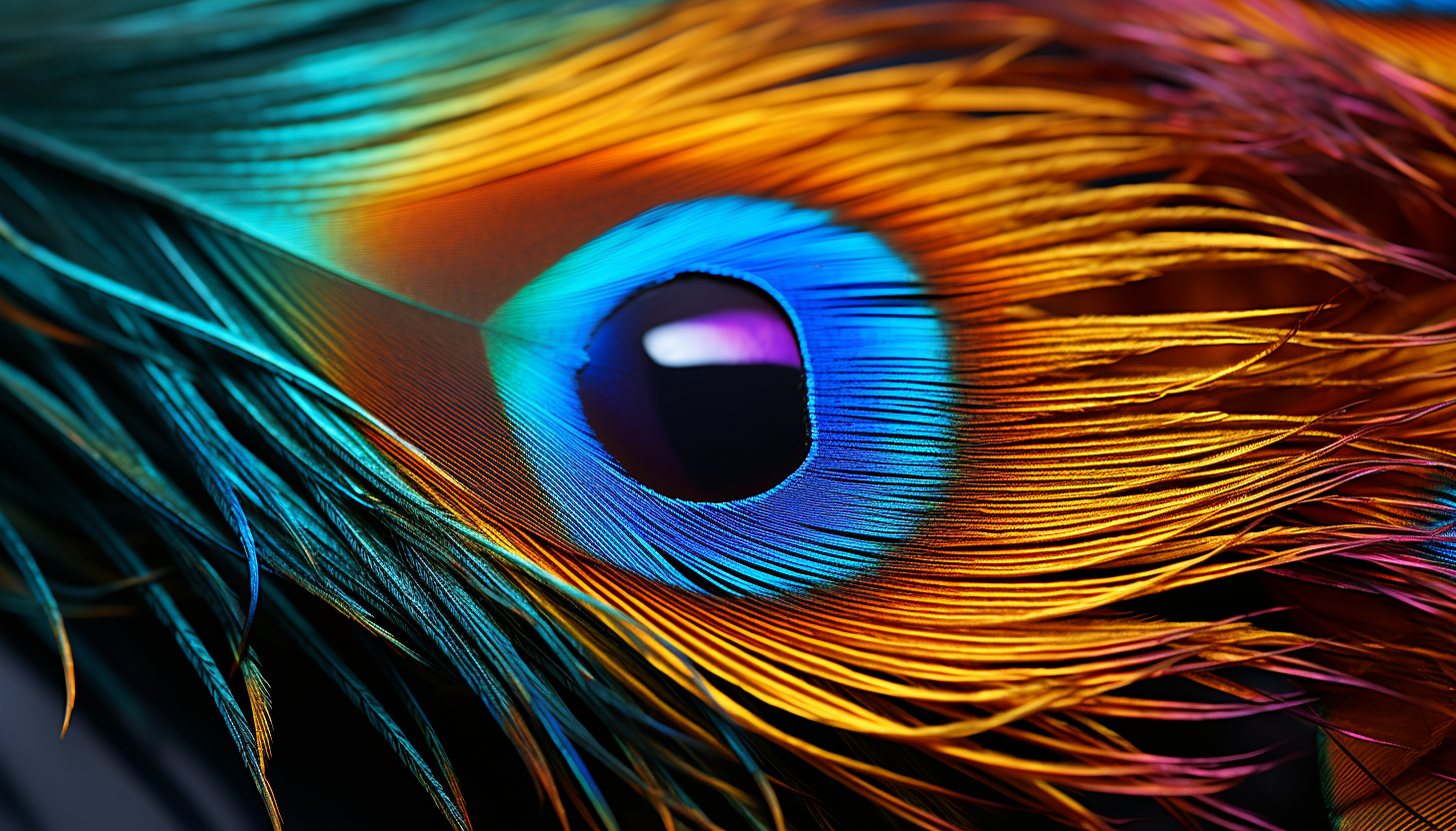 A macro shot of a peacock feather, highlighting its complex, colorful patterns.