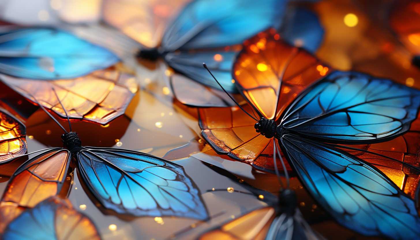 A detailed view of a butterfly's wing, showcasing intricate patterns and colors.