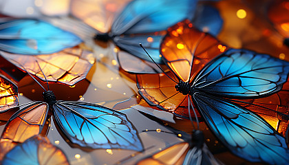 A detailed view of a butterfly's wing, showcasing intricate patterns and colors.