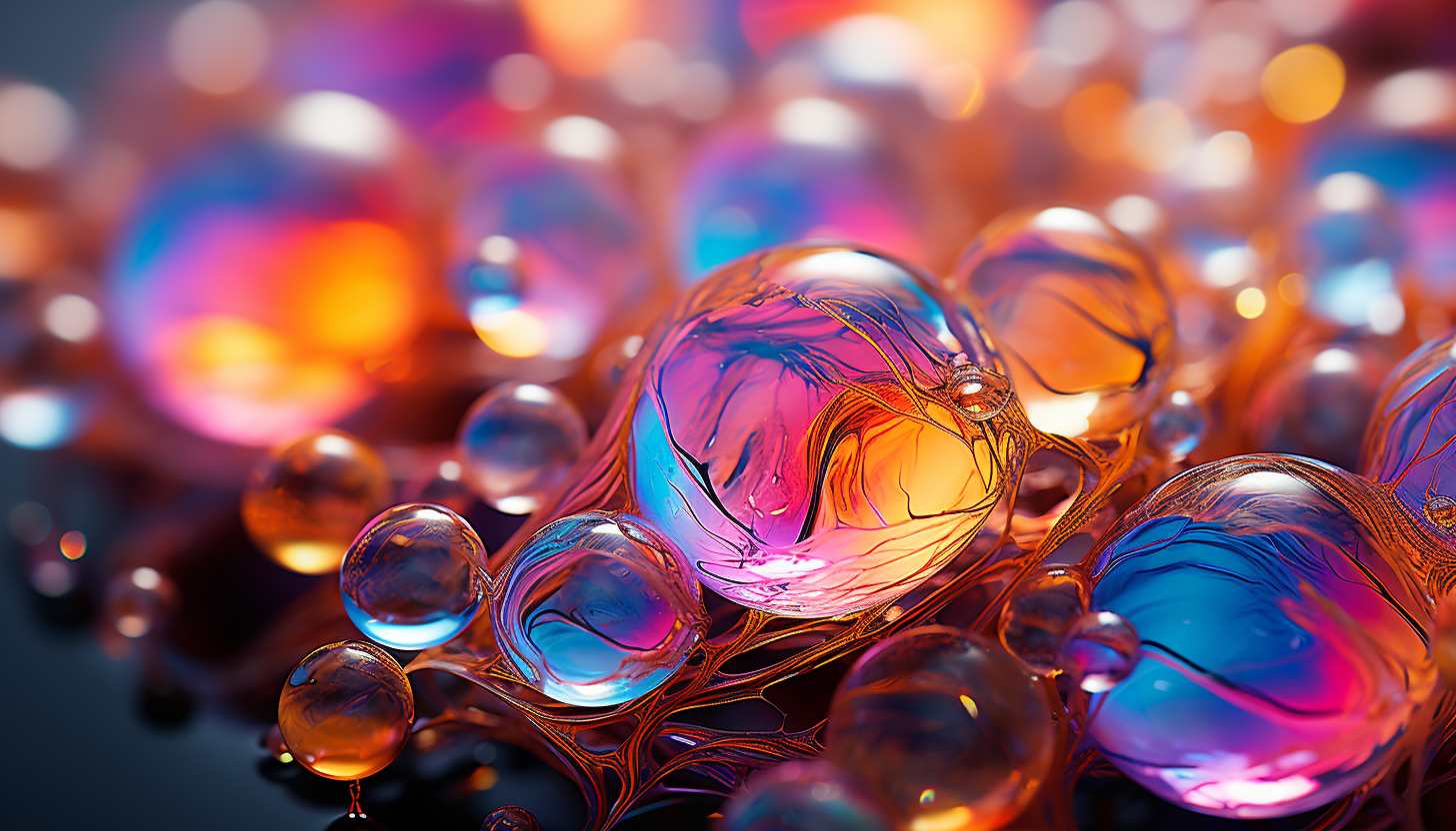 Macro image of iridescent soap bubbles, showcasing rainbow-like colors.