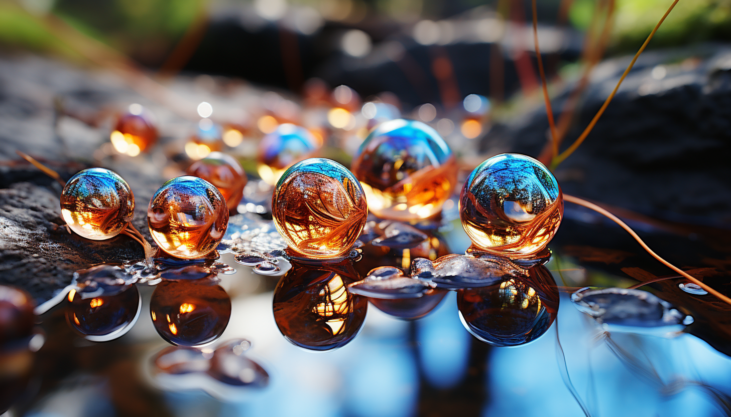 Close-up of iridescent bubbles capturing reflections of the surrounding environment.