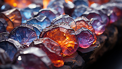A macro view of crystalline formations in a geode, reflecting light in vibrant hues.