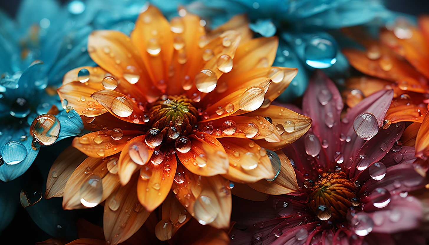 Close-up of dewdrops on a colorful flower petal.