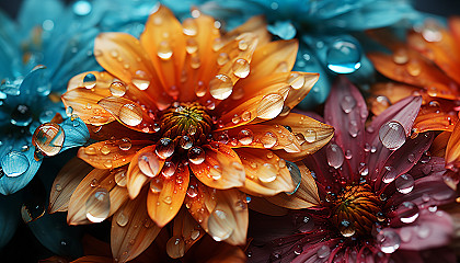 Close-up of dewdrops on a colorful flower petal.