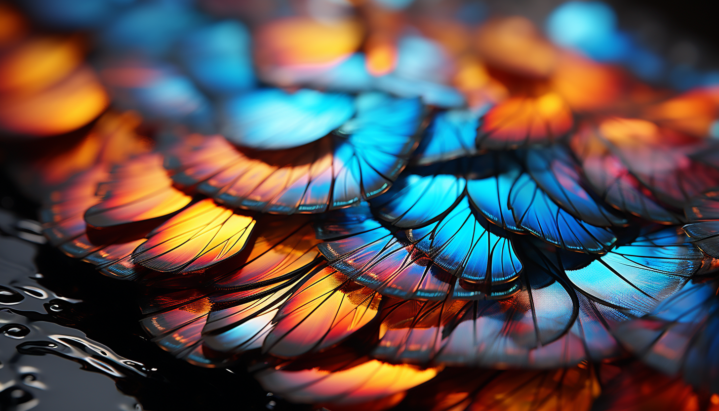 Macro shot of a butterfly wing, showcasing intricate scales and vivid colors.