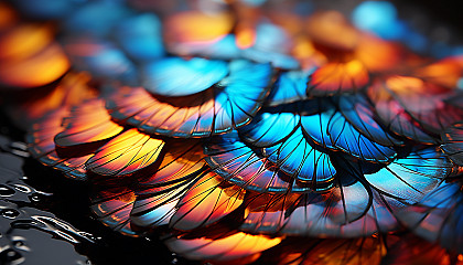 Macro shot of a butterfly wing, showcasing intricate scales and vivid colors.