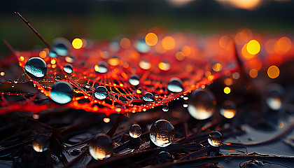 Close-up of dewdrops on a spider web, reflecting the colors of a sunrise.