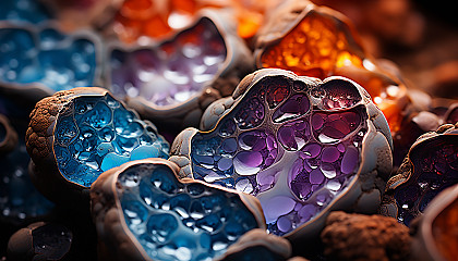 Extreme close-up of crystalline structures in a geode, displaying vibrant colors.