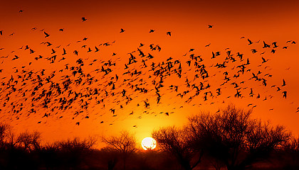 Flocks of migrating birds silhouetted against a sunset.