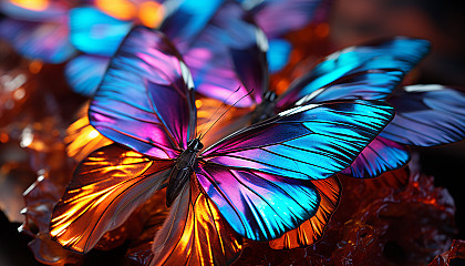 Macro shot of iridescent butterfly wings displaying a spectrum of colors.
