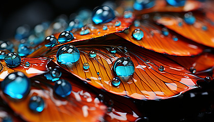 A close-up of dewdrops on a vividly colored butterfly's wing.